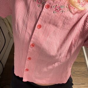 Pink Checkered Button-Up Shirt with Floral Embroidery